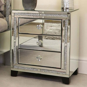 Crushed Diamond Glitz 3 Drawer table de chevet miroir Silver Nightstand Mirrored Glass Bedside Table Cabinet with Drawer