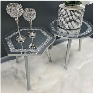 Wholesale Luxury Tea Table Room Furniture Mirrored Side Table Silver Crystal Crushed Diamond Round Modern Mirrored Coffee Tables