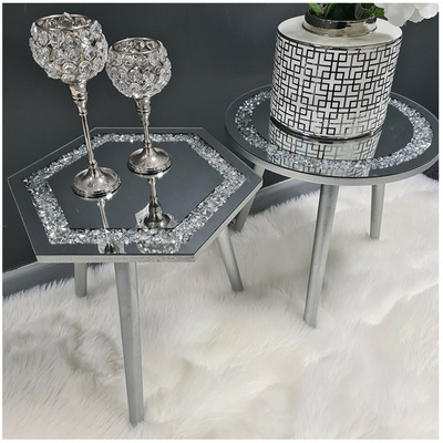 Wholesale Luxury Tea Table Room Furniture Mirrored Side Table Silver Crystal Crushed Diamond Round Modern Mirrored Coffee Tables BestSuppliers
