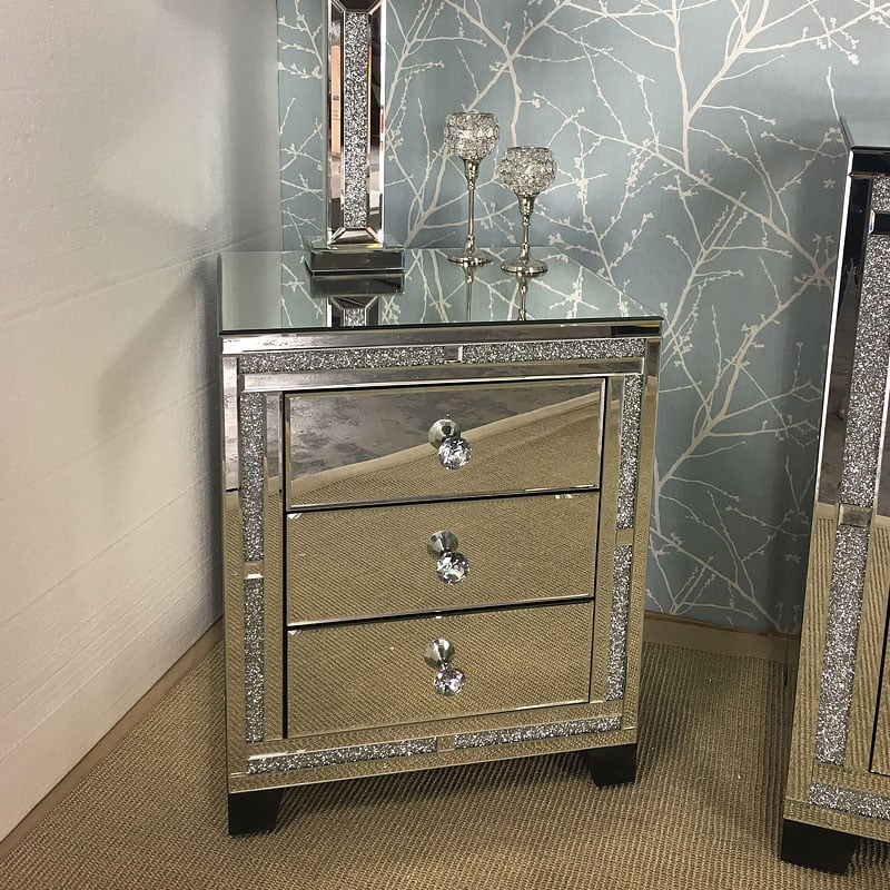 Crushed Diamond Glitz 3 Drawer table de chevet miroir Silver Nightstand Mirrored Glass Bedside Table Cabinet with Drawer