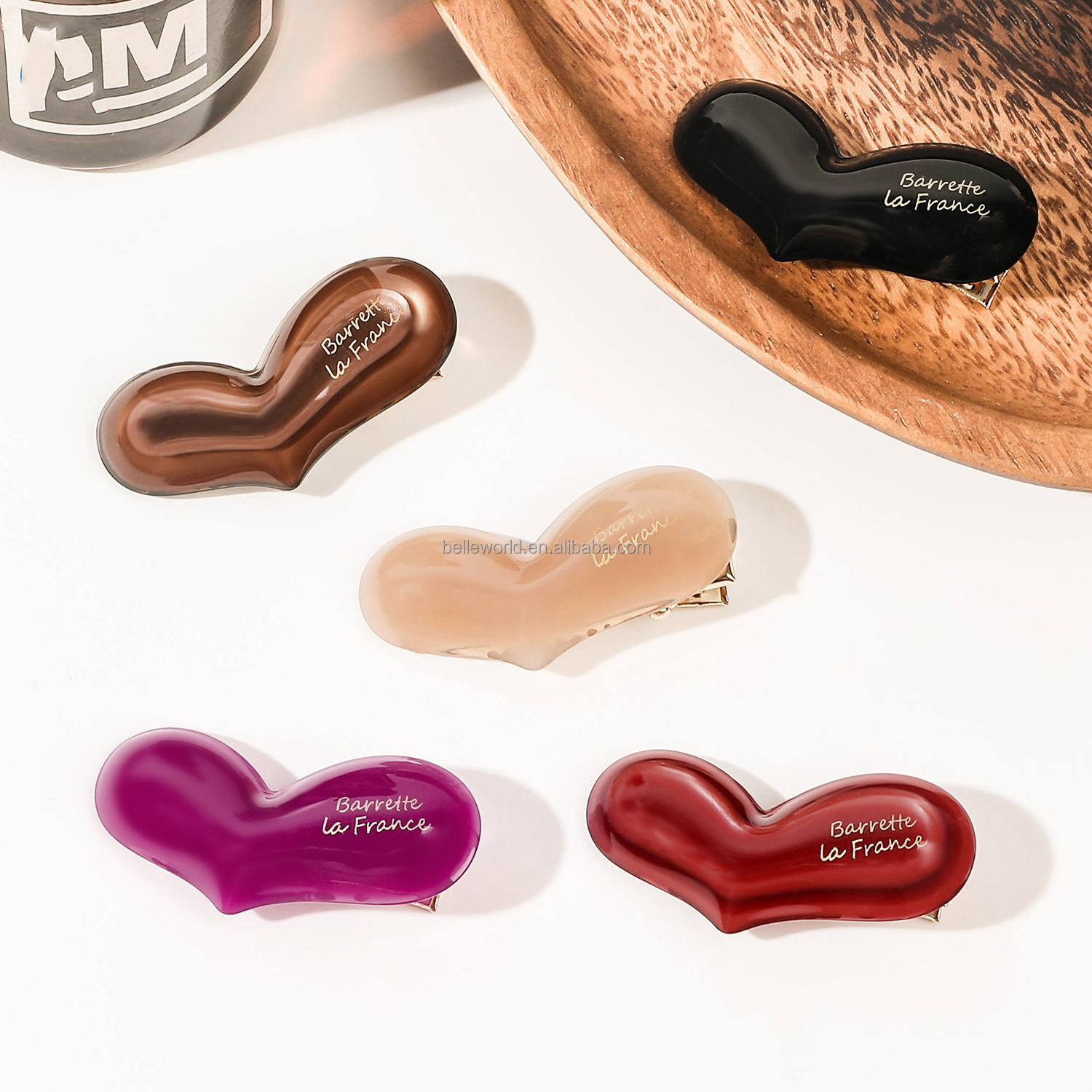 BELLEWORLD 2024 Ins fashion popular girly accessories heart pin solid candy color letter printed gold duck bill clips for girls