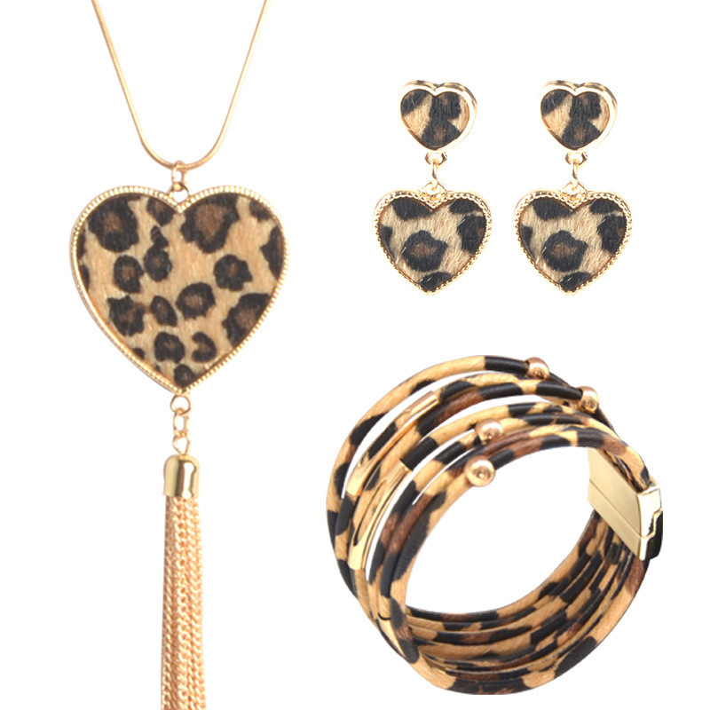 BELLEWORLD Mother's Day gift leopard Jewelry Set Leather Bracelet pendant earrings Long Tassel alloy Necklace for mom