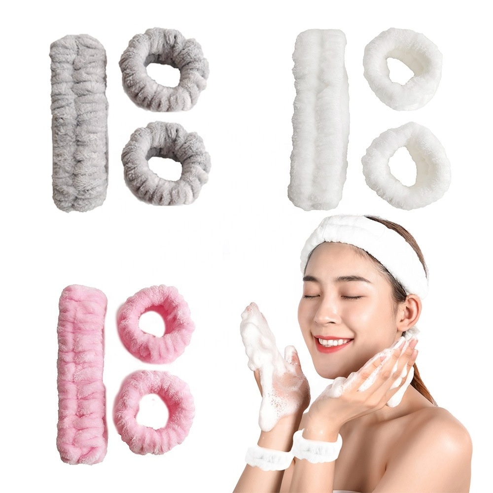 BELLEWORLD factory flannel comfortable soft furry elastic head bands hot sale wash face spa headband and wrist band set