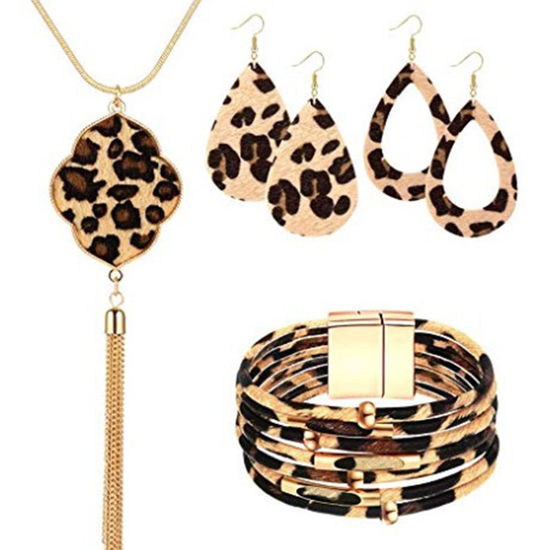 BELLEWORLD Mother's Day gift leopard Jewelry Set Leather Bracelet pendant earrings Long Tassel alloy Necklace for mom