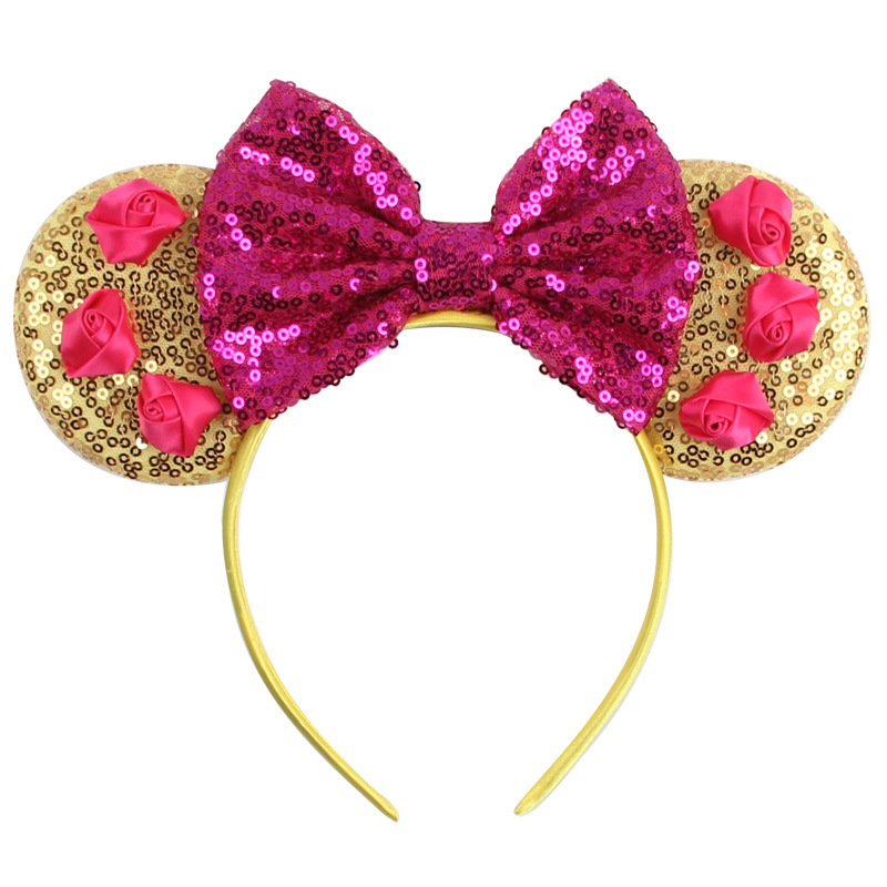 BELLEWORLD Full Sequins Mouse Ears Headband rose flower Bows Hairband for Kids Headwear of Cosplay Party Hair Accessories