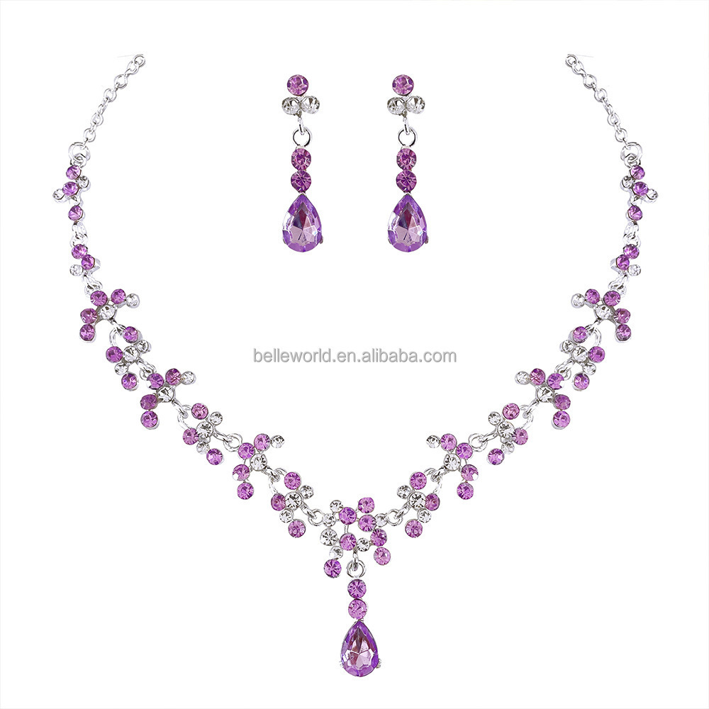 BELLEWORLD Great price fine hot pink blue bridal fashion jewelry crystal necklace earrings jewelry set for wedding indian