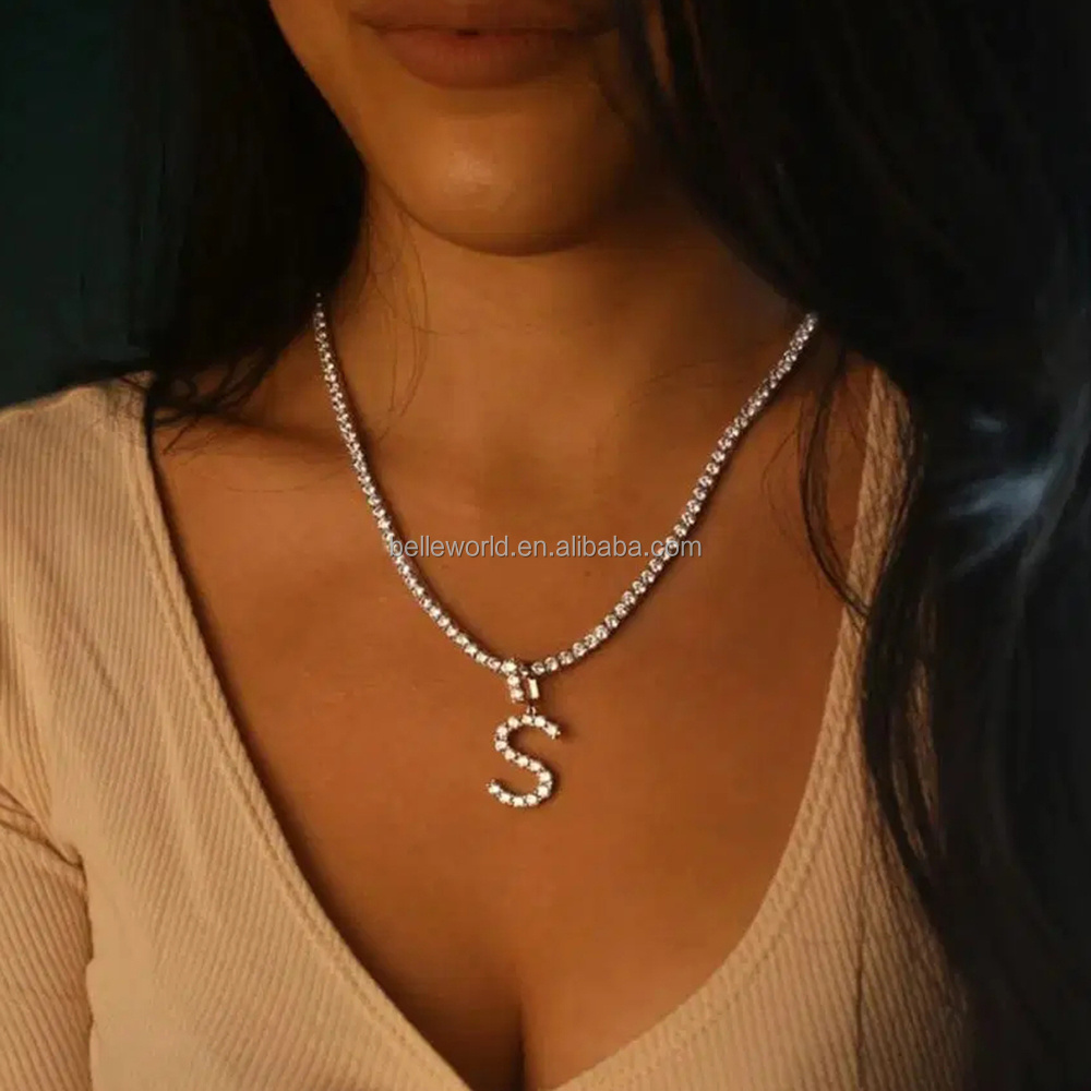 BELLEWORLD fashion trendy jewelry cz tennis chain iced out bling crystal initial letter 26 alphabet charm pendant necklace