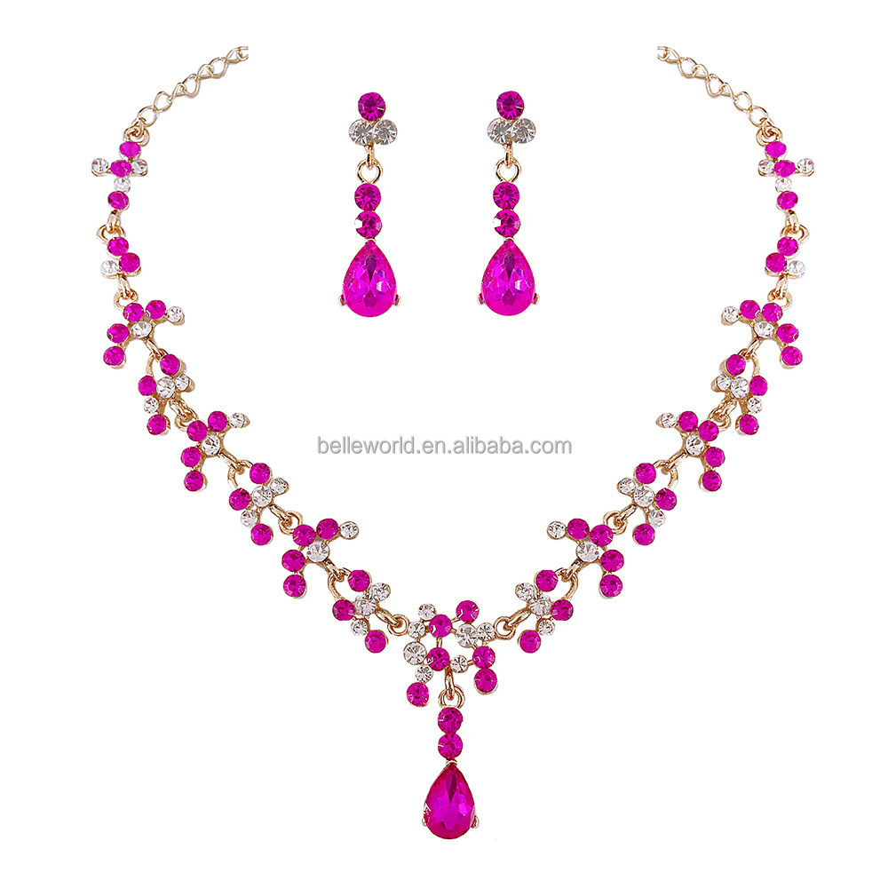 BELLEWORLD Great price fine hot pink blue bridal fashion jewelry crystal necklace earrings jewelry set for wedding indian