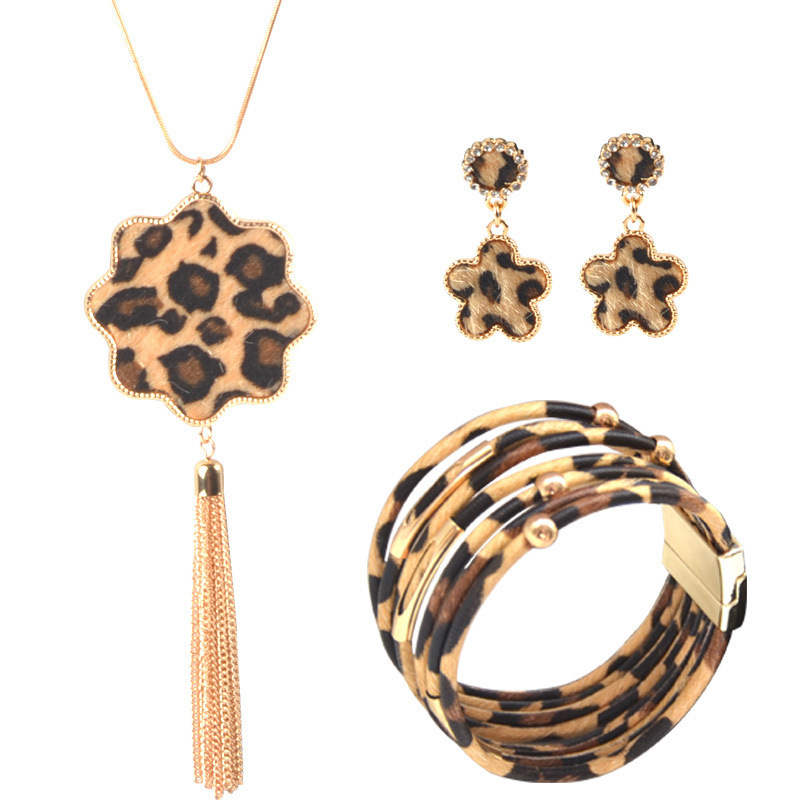 BELLEWORLD Mother's Day gift leopard Jewelry Set Leather Bracelet pendant earrings Long Tassel alloy Necklace for mom