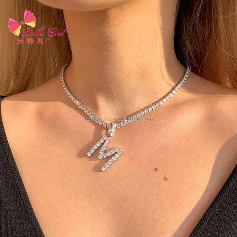 BELLEWORLD fashion trendy jewelry cz tennis chain iced out bling crystal initial letter 26 alphabet charm pendant necklace