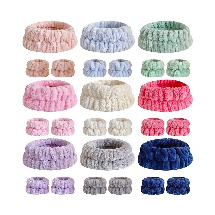 BELLEWORLD factory flannel comfortable soft furry elastic head bands hot sale wash face spa headband and wrist band set