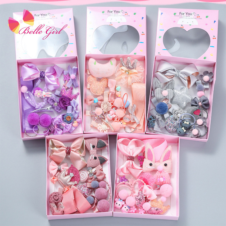 BELLEWORLD Wholesale Fast shipment Fashion 18pcs bowknot hair clips sets box packing gift for kids