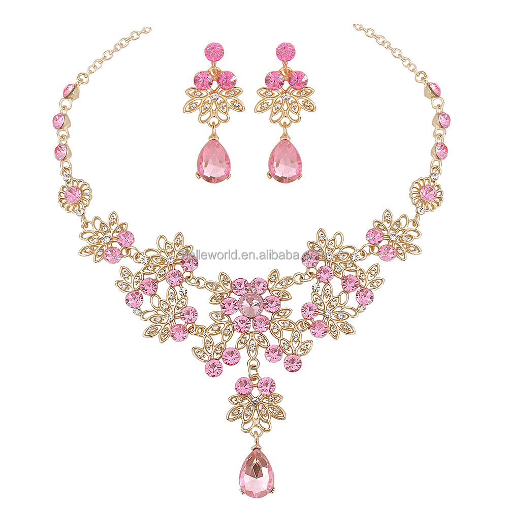 BELLEWORLD Great price fine hot pink blue bridal fashion jewelry crystal necklace earrings jewelry set for wedding indian