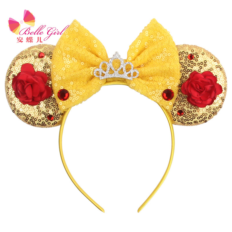 BELLEWORLD Full Sequins Mouse Ears Headband rose flower Bows Hairband for Kids Headwear of Cosplay Party Hair Accessories