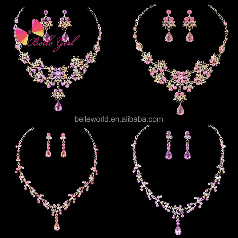 BELLEWORLD Great price fine hot pink blue bridal fashion jewelry crystal necklace earrings jewelry set for wedding indian