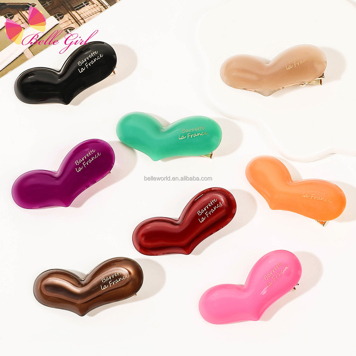 BELLEWORLD 2024 Ins fashion popular girly accessories heart pin solid candy color letter printed gold duck bill clips for girls