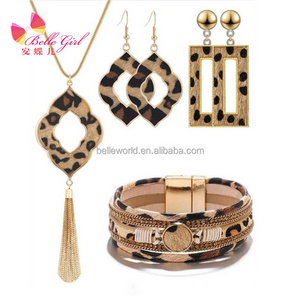 BELLEWORLD Mother's Day gift leopard Jewelry Set Leather Bracelet pendant earrings Long Tassel alloy Necklace for mom