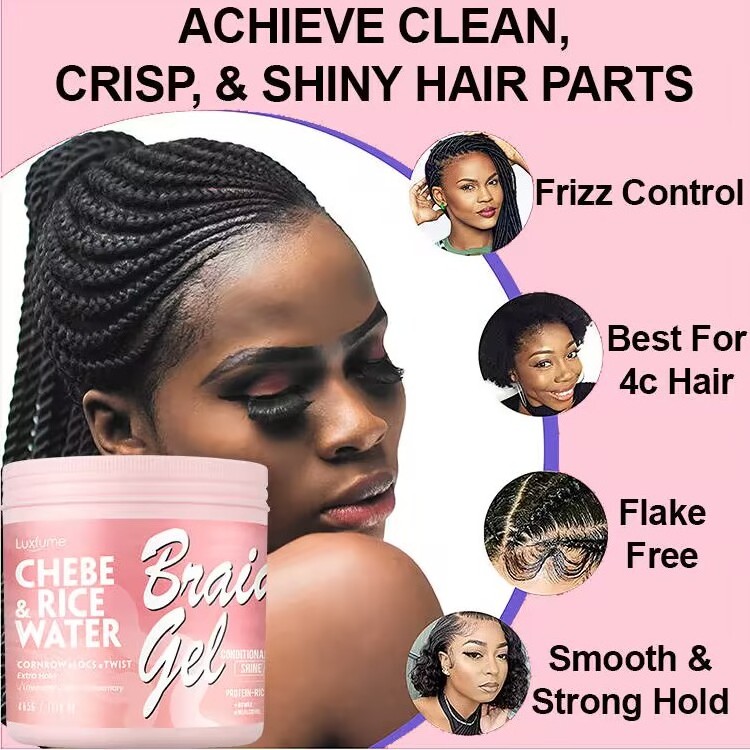 Luxfume Wholesale Chebe Rice Water Instant Braid Loc Twist Gel No Residue Braiding Gel Extra Hold