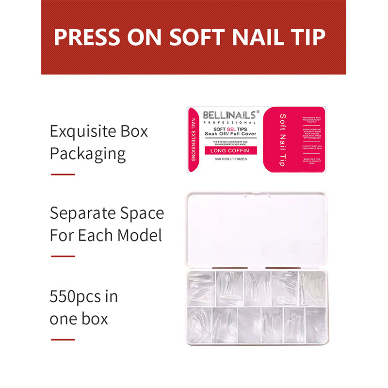 BELLINAILS  Private Label Gel X Gelly Tips Press On Nails Clear Full Cover Soft Gel Tips