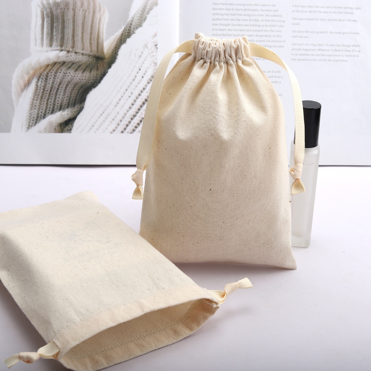 Wholesale Cotton Drawstring Cosmetic Gift Shopping Bag Organic Muslin Christmas Sock Packing Dust Pouch