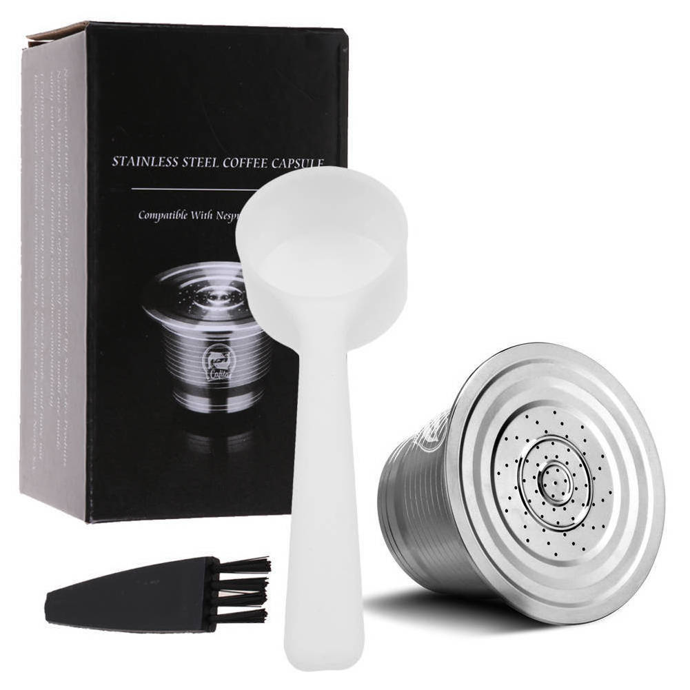 Stainless Steel Metal Refillable Coffee Capsule for Nesspresso Machine with 1 Spoon and 1 Brush