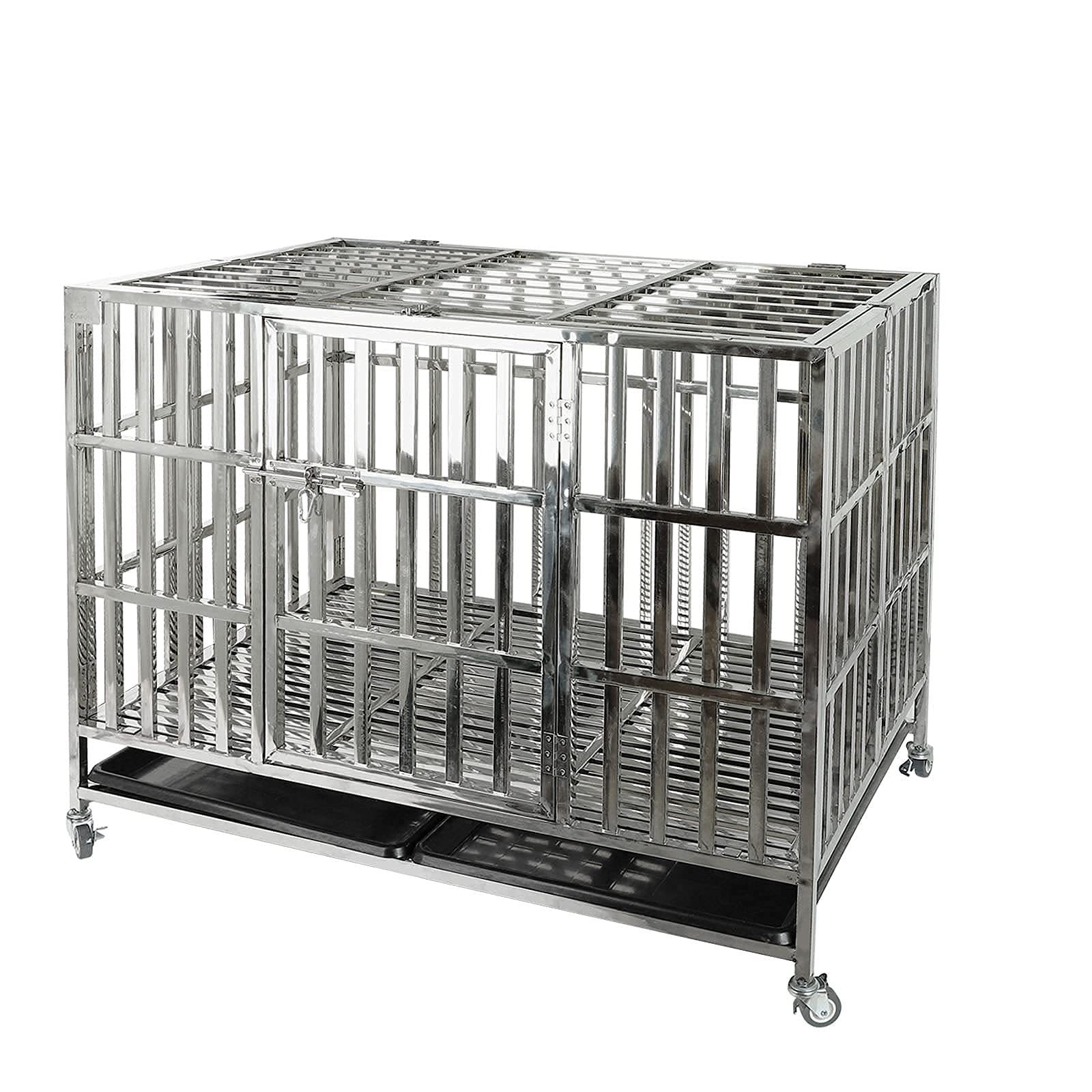 Foldable Stainless Steel Dog Cage on Lockable Wheels with Mat and Tray Heavy Duty Outdoor Dog Kennel Crate Pet Cage