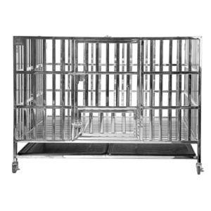 Foldable Stainless Steel Dog Cage on Lockable Wheels with Mat and Tray Heavy Duty Outdoor Dog Kennel Crate Pet Cage