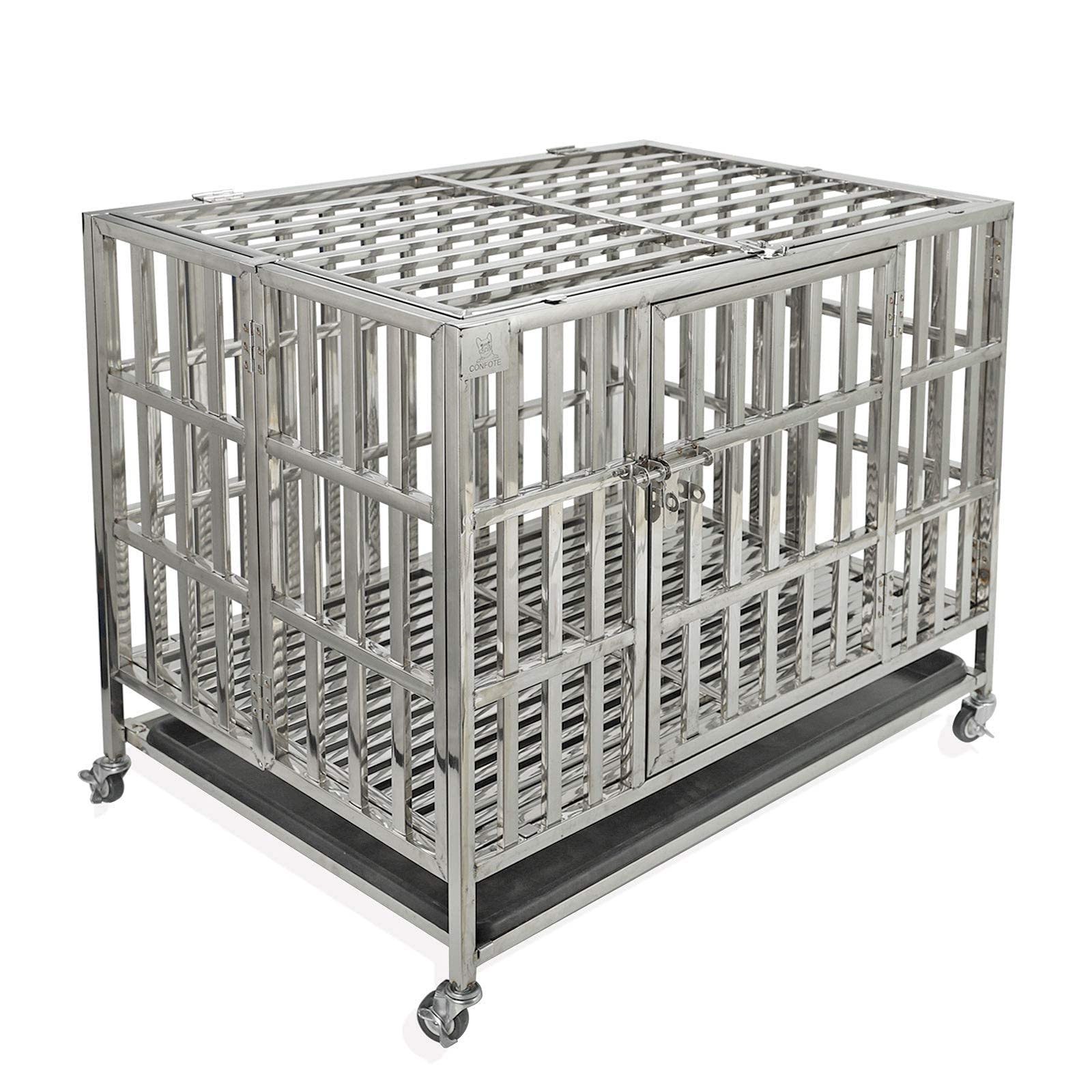 Foldable Stainless Steel Dog Cage on Lockable Wheels with Mat and Tray Heavy Duty Outdoor Dog Kennel Crate Pet Cage