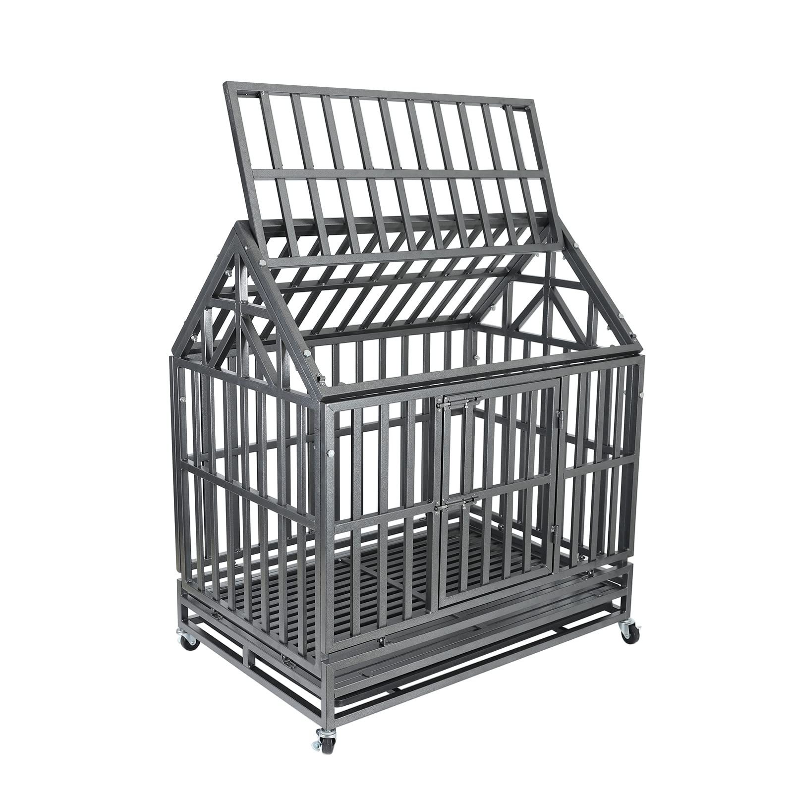 Foldable Stainless Steel Dog Cage on Lockable Wheels with Mat and Tray Heavy Duty Outdoor Dog Kennel Crate Pet Cage