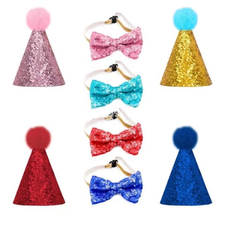 2pcs Set Pet Teddy Dog Cat Costume Sequin Design Headwear Christmas Tie Bow Pets Party Birthday Hat With Bowknot