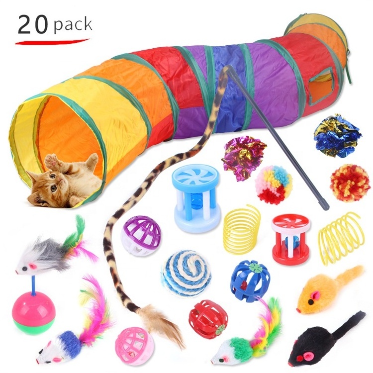 Kitten Toys Tunnel Cat Feather Teaser Multiple Wand Fluffy Mouse Crinkle Optional Balls Interactive Cat Toy Set Pack