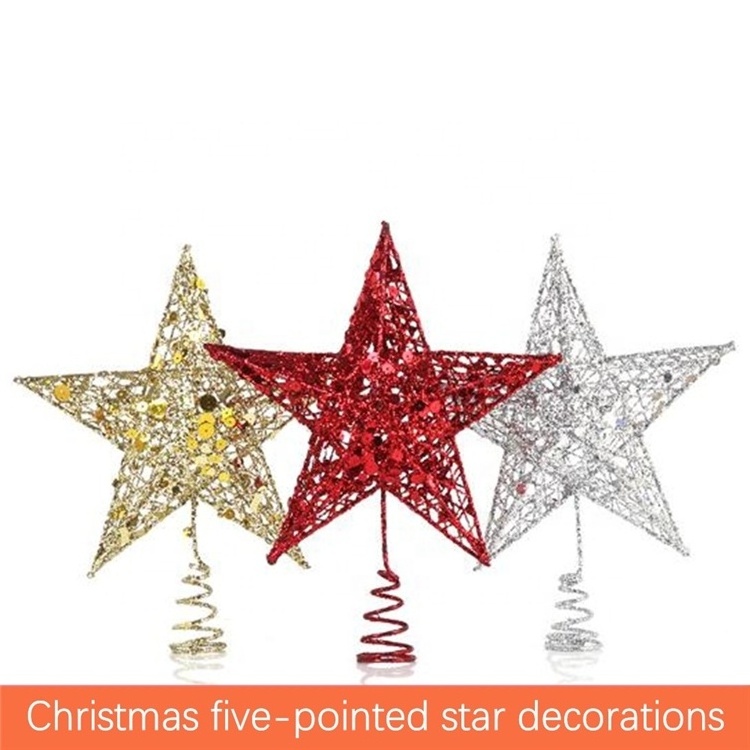 Wrought Iron Glitter Sequin Holiday Decoration Vertical Five-Pointed Star Christmas Tree Top Star