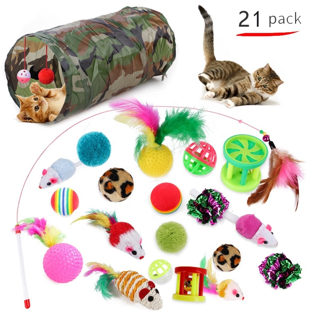 Kitten Toys Tunnel Cat Feather Teaser Multiple Wand Fluffy Mouse Crinkle Optional Balls Interactive Cat Toy Set Pack