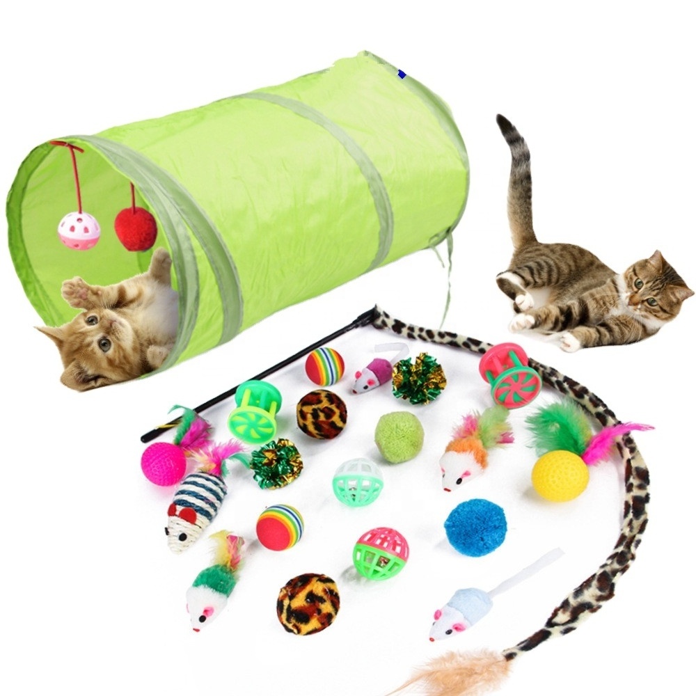 Kitten Toys Tunnel Cat Feather Teaser Multiple Wand Fluffy Mouse Crinkle Optional Balls Interactive Cat Toy Set Pack