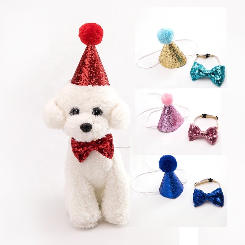 2pcs Set Pet Teddy Dog Cat Costume Sequin Design Headwear Christmas Tie Bow Pets Party Birthday Hat With Bowknot