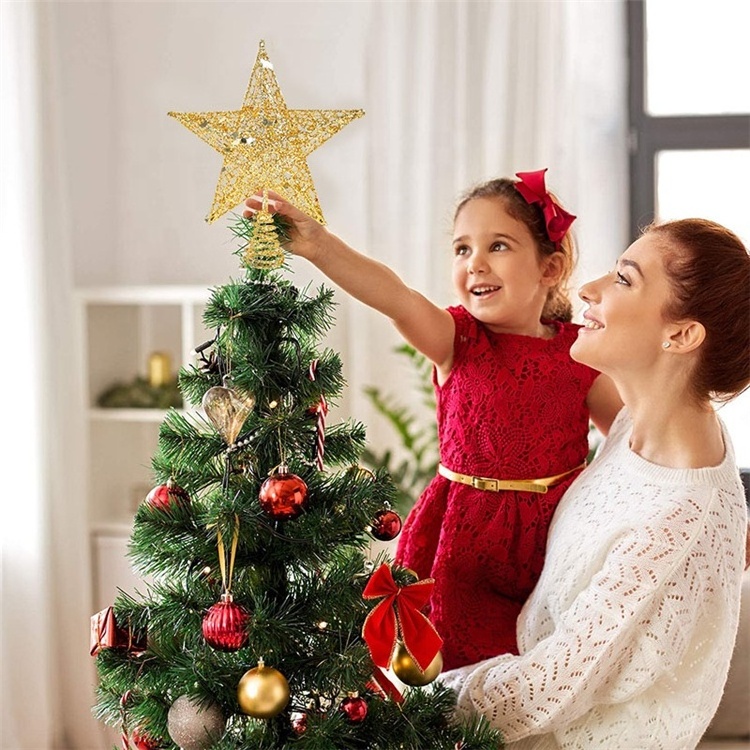 Wrought Iron Glitter Sequin Holiday Decoration Vertical Five-Pointed Star Christmas Tree Top Star