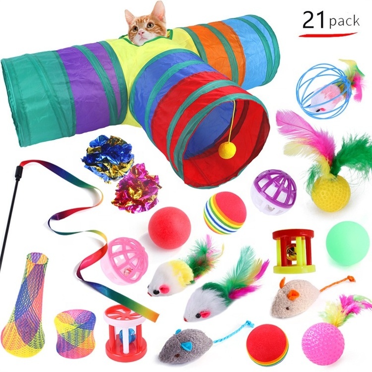 Kitten Toys Tunnel Cat Feather Teaser Multiple Wand Fluffy Mouse Crinkle Optional Balls Interactive Cat Toy Set Pack