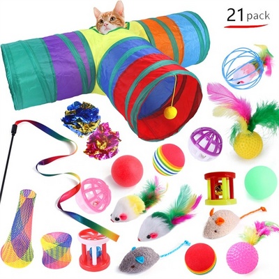 Kitten Toys Tunnel Cat Feather Teaser Multiple Wand Fluffy Mouse Crinkle Optional Balls Interactive Cat Toy Set Pack