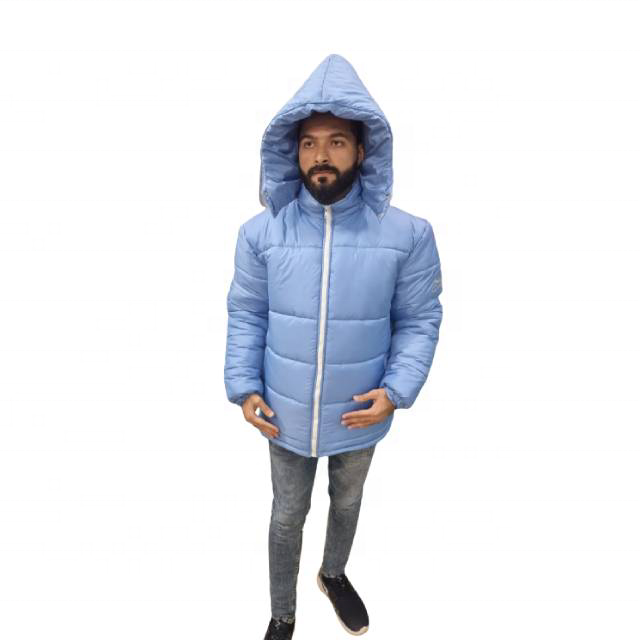 Custom Made High 2023 Blue Men's Hooded Puffer Jacket Polyester made Oversized Down Men Jacket