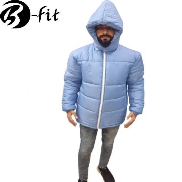 Custom Made High 2023 Blue Men's Hooded Puffer Jacket Polyester made Oversized Down Men Jacket