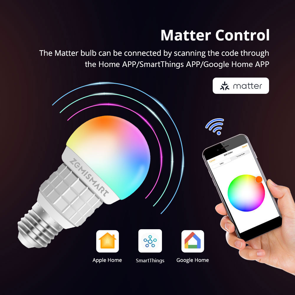 Matter Over WiFi 7W Smart LED Light Bulb RGBCW E27 Dimmable Lighting Homekit Siri Google Home SmartThings Control