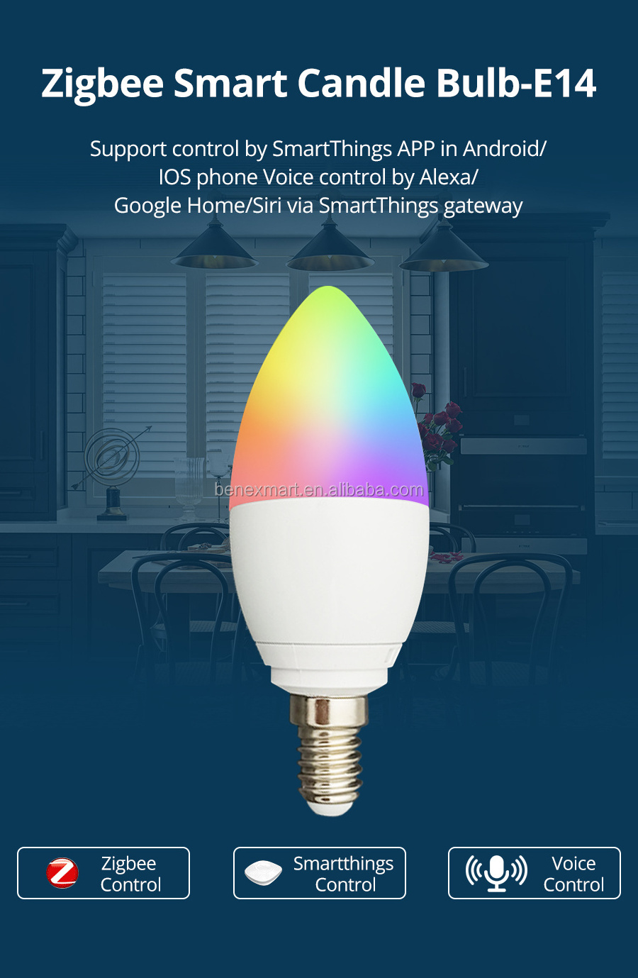 Benexmart E14 RGBCW Tuya Zigbee 5w smart light bulbs Music Candle Light Bulb Compatible With Smartthings Amazon Echo Alexa