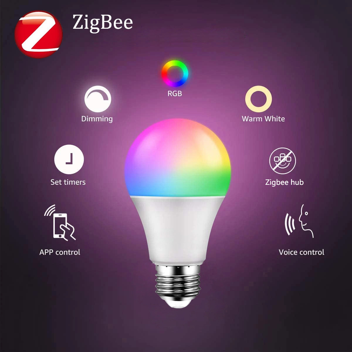 Benexmart Zigbee E27 LED Light Bulb RGBCW Dimmable Lamp Alexa Google Home Tuya Smartthings App Control 9W Colorful Changing