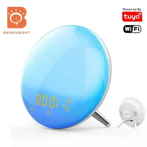 NEW Tuya WiFi Smart Wake-Up Light Digital Alarm Clock with 7 Colors FM Radio Sunrise Sunset Touch Table Clocks Alexa Google Home