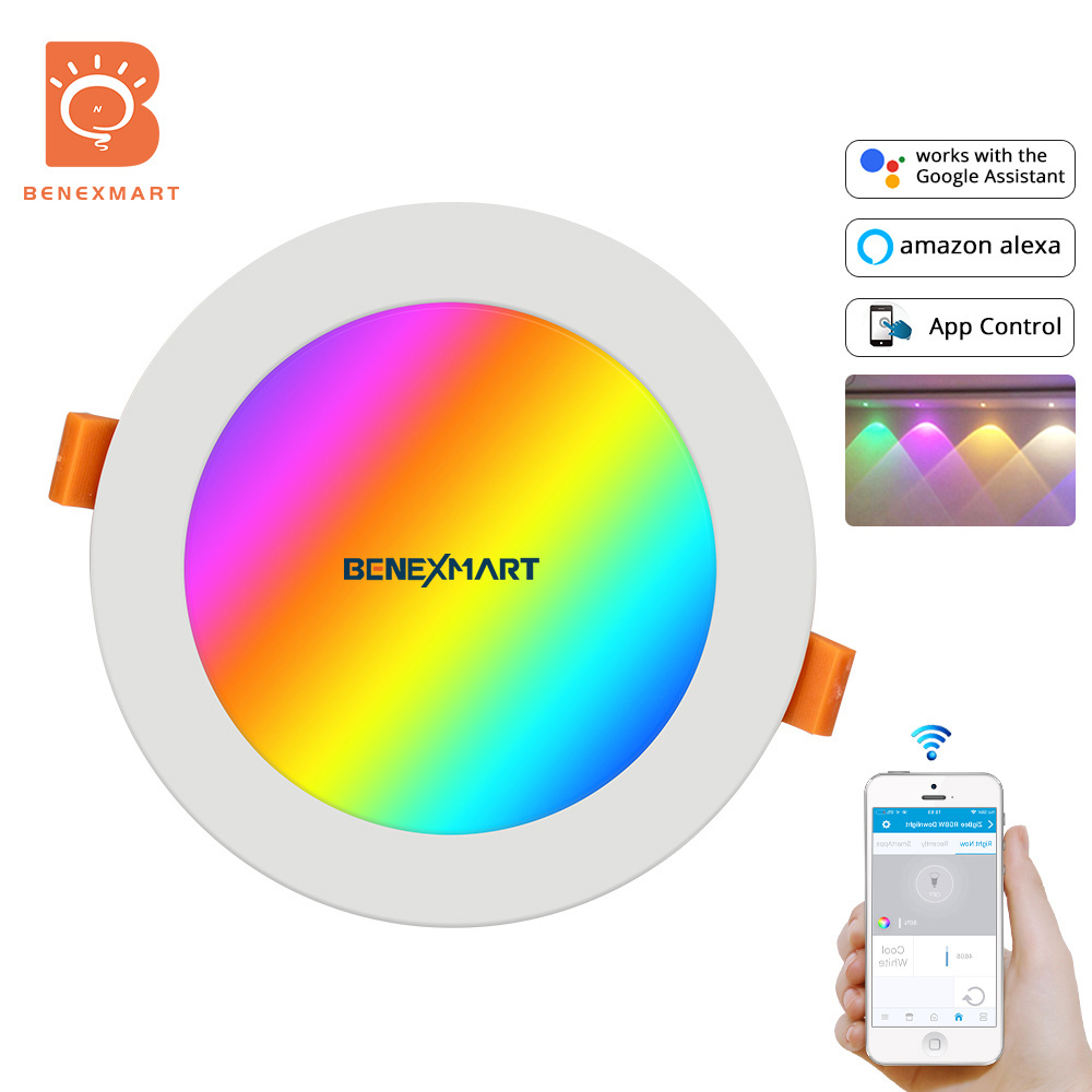 Benexmart 4 Inch 15W tuya ZigBee 3.0 Downlight Kit Smart RGBW Led Recessed Ceiling Light Work with Smartthings Echo Smart Lights