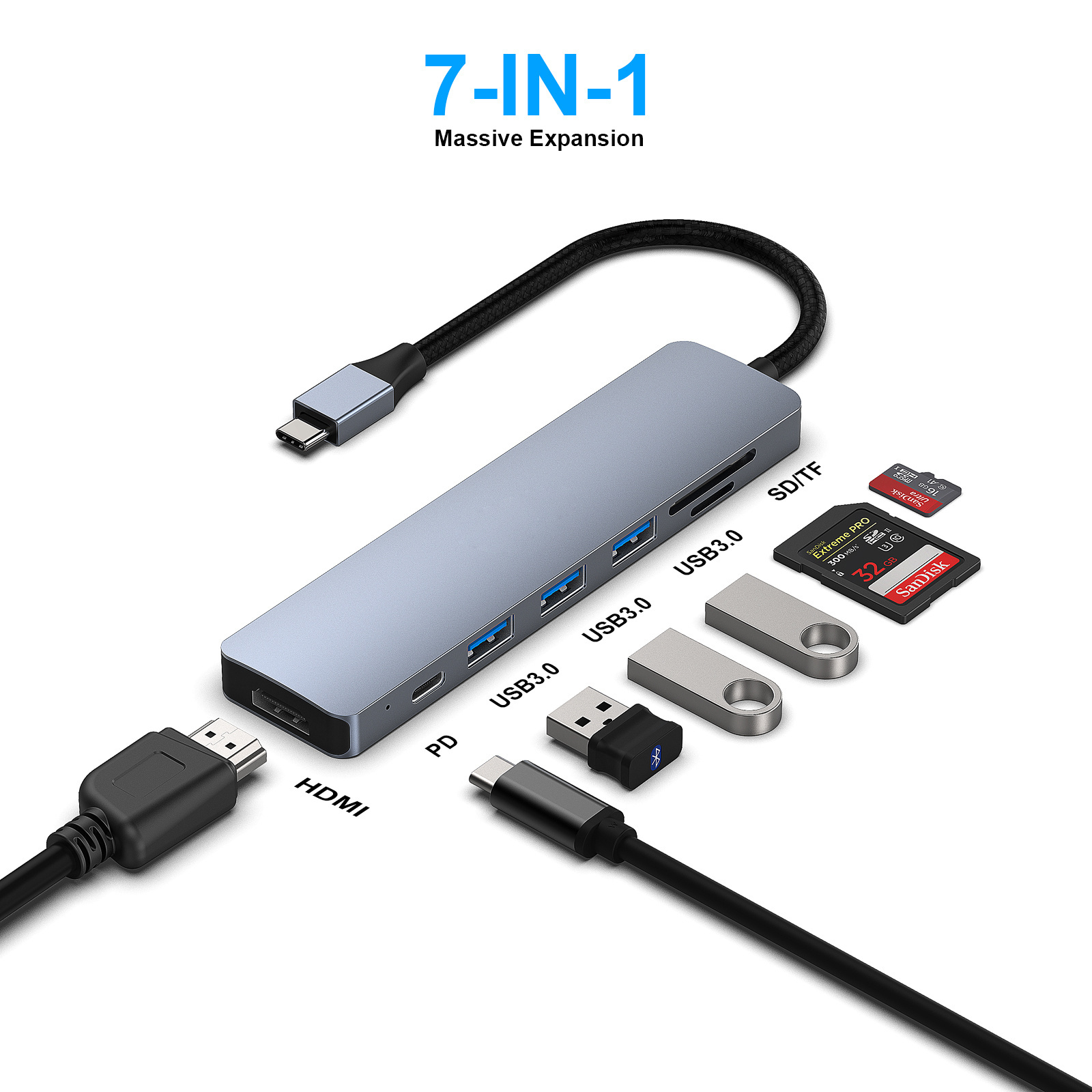 Customize USB C HUB 7 in 1 Multiport hub with USB-C to HDMI 4K@60Hz SD/TF Card Reader/3*USB 3.0/100W Power Delivery Charge