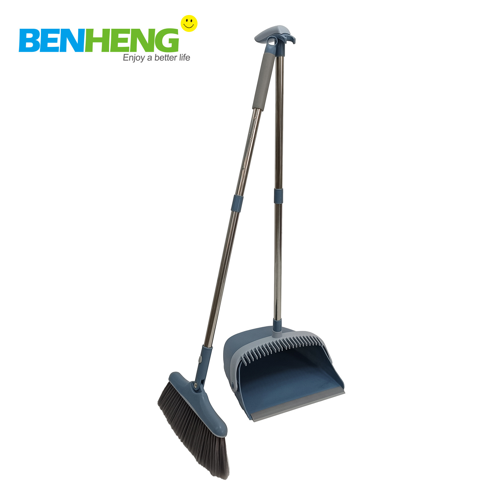 Premium Long Handled Broom Dustpan Combo - Upright Standing Lobby Broom and Dust Pan Brush