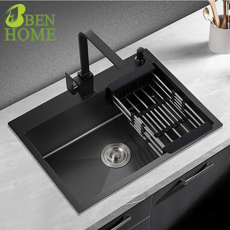 Commercial Handmade 304 Black Nano Stainless Steel Single Bowl Sink Corner Kitchen