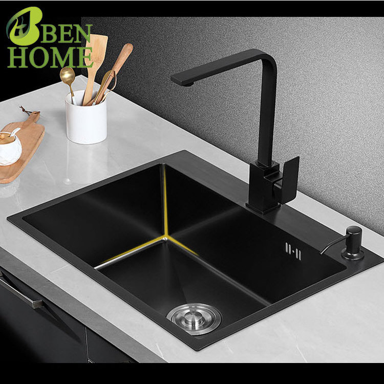 Commercial Handmade 304 Black Nano Stainless Steel Single Bowl Sink Corner Kitchen