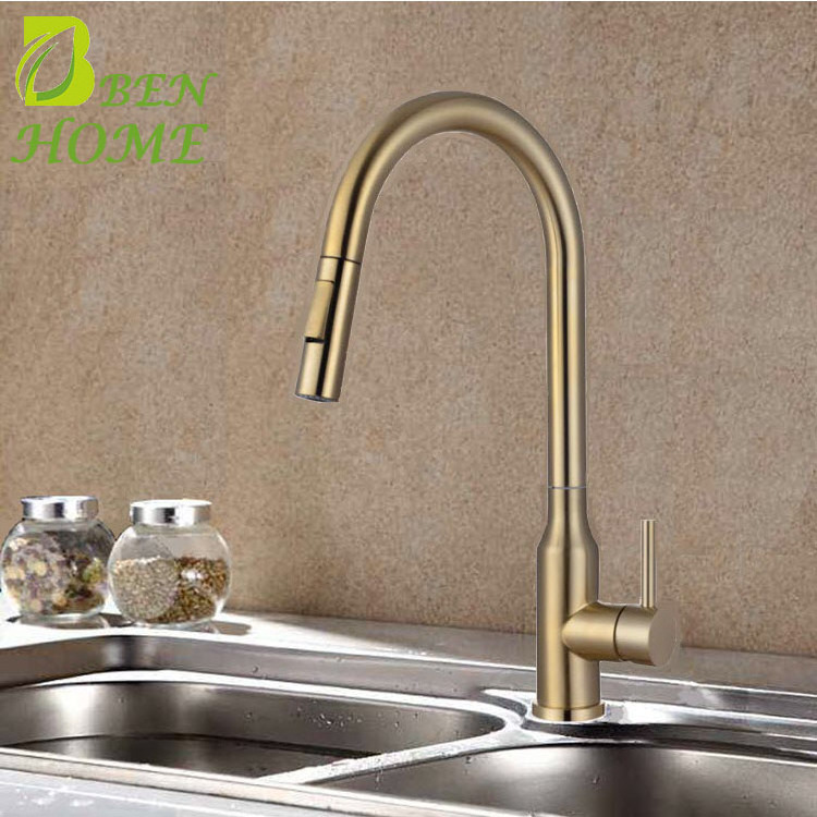 Pull Out Brushed Gold Kitchen Faucet With Side Spray